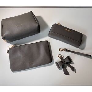 Gray Saffiano Faux Leather 4pc Wristlet Clutch Wallet Cosmetic Bag Set Gold Tone